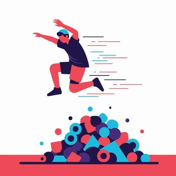 Dynamic Abstract Figure Leaping Over Colorful Geometric Shapes vector