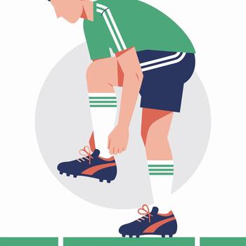 Soccer player tying shoelaces on a grass field, preparing for game vector