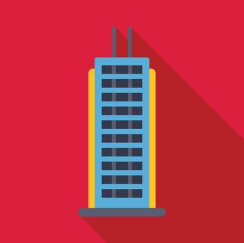 Flat icon of skyscraper building on red background vector