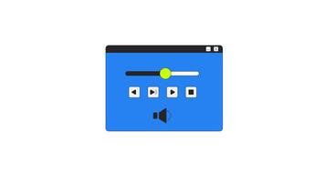 media spelare gränssnitt med kontroller 2d tecknad serie objekt animation. framsteg reglaget och modern ui layout. ljud inställningar. uppspelning fönster animerad platt färgrik Artikel 4k isolerat på vit video