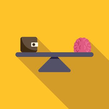 Wallet and brain balancing on a scale illustrating value vector