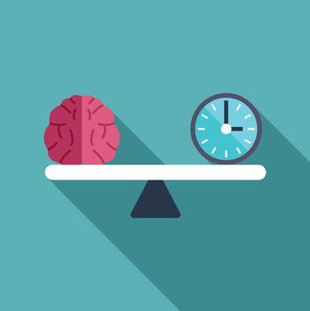 A brain and clock on a scale with a balance vector
