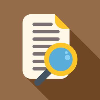 Document file and magnifying glass performing research data analysis vector