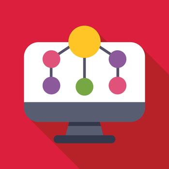 Computer monitor displaying network connection diagram flat design vector