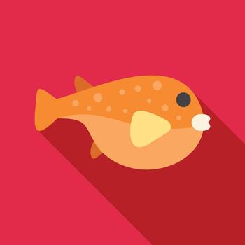 Orange pufferfish creating long shadow on red background vector
