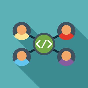 Developer team collaborating on software coding project network vector