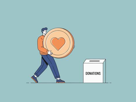Man Placing Large Coin with Heart into Donation Box vector