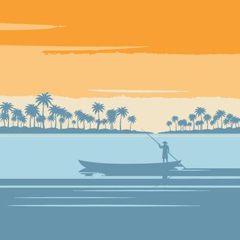 Man Rowing Boat on Calm Water Amidst Palm Trees Under Cloudy Sky vector
