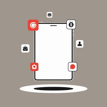 Mobile phone with app icons floating around in a digital space vector