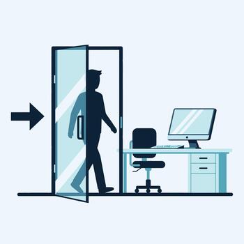 Office worker entering a modern office with a desk and computer vector
