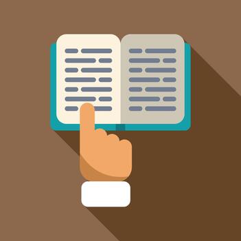 Hand pointing at lines of text in an open book vector