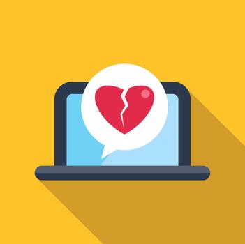 Laptop screen showing broken heart message breakup vector