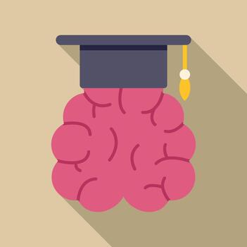 A flat icon of a brain with a graduation cap on it vector