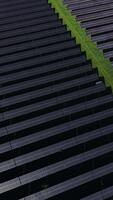 Rows of solar panels generate clean energy on a sunny day while green grass peeks through the spaces, showcasing a sustainable future blending technology and nature video