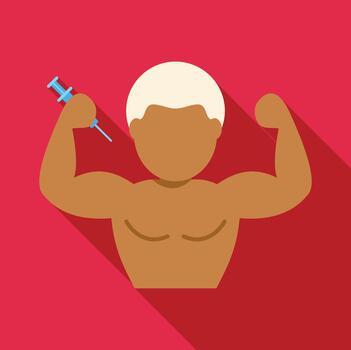 Bodybuilder taking syringe for doping and steroids use vector