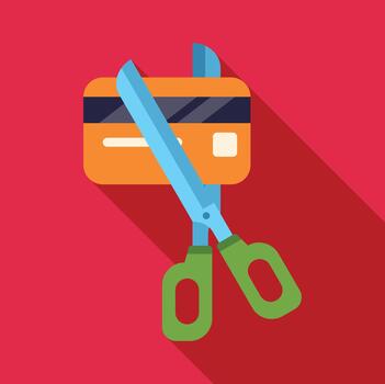 Credit card and scissors flat icon on red background vector