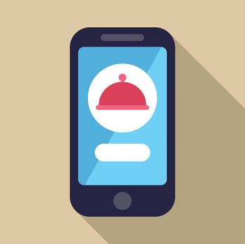 teléfono inteligente mostrando comida entrega aplicación icono con campana de cristal vector