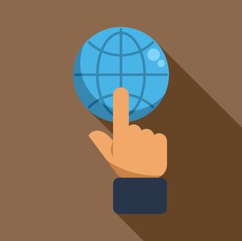 Hand touching globe icon representing global communication network vector