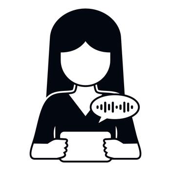 mujer utilizando inteligente asistente para voz comandos en tableta vector