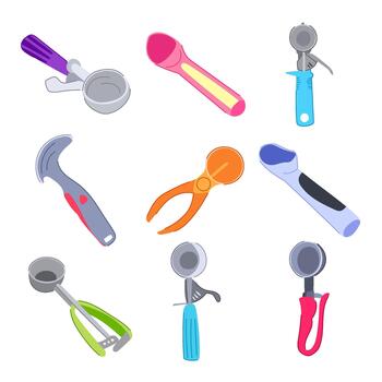Collection of different ice cream scoops and serving tools vector