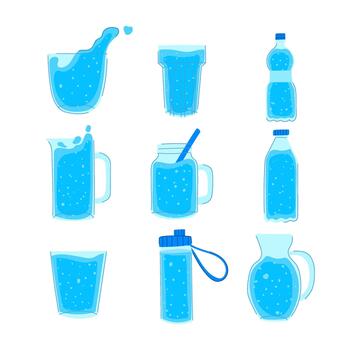 Displaying water in various transparent containers set vector