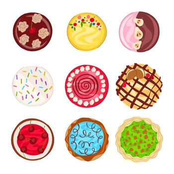 Assortment of colorful round cakes and tarts top view vector