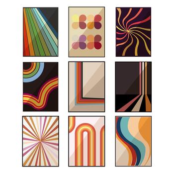 Retro 70s abstract geometric patterns collection vector