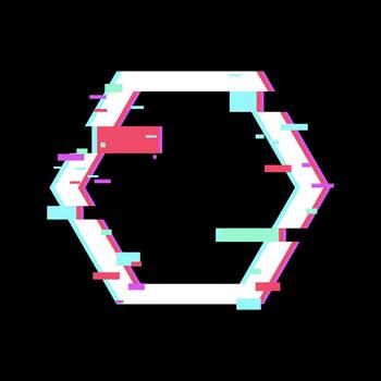 Glitch art hexagon creating cyberpunk frame background vector