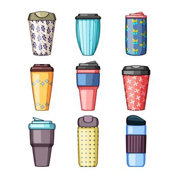 Reusable thermo mugs collection in various patterns and colors vector