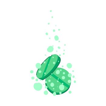 Green effervescent tablets dissolving generating fizzing bubbles vector