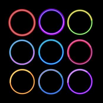 Glowing colorful neon circle frames set on black vector