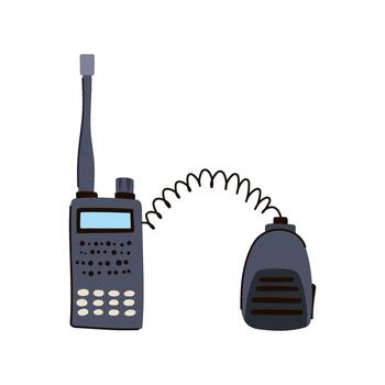 Portable two way radio communicating with hand speaker microphone vector