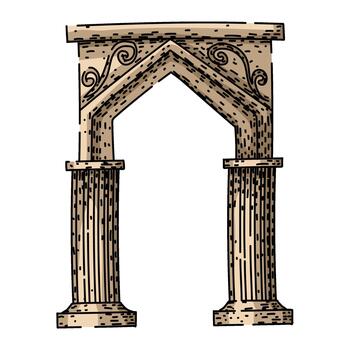 Ancient arch architecture with decorative columns and scrolls vector
