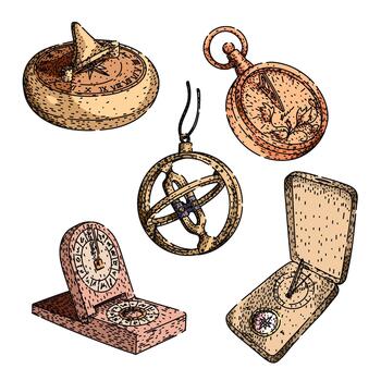 Vintage time telling and navigation instruments set vector