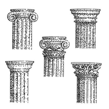 Classical columns displaying ancient architecture styles engraving vector
