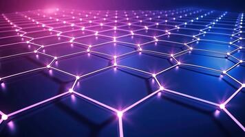 vibrerande och trogen hexagonal rutnät mönster upplyst med lila och blå lampor skapar dynamisk digital landskap, visa upp teknologi och innovation i design. video