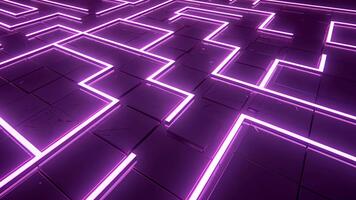 vivace labirinto design con raggiante viola neon Linee su riflessivo superficie crea travolgente futuristico atmosfera, invitante esplorazione e avventura attraverso intricato modelli. video