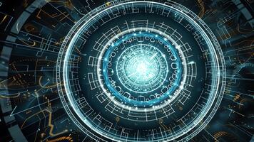 faszinierend Digital Wirbel mit kompliziert geometrisch Muster und glühend Blau Licht, präsentieren Tiefe und Innovation im futuristisch Technologie. video