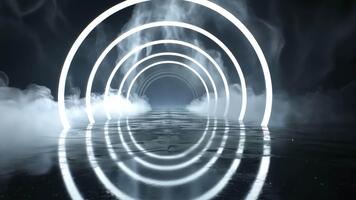 futuristisch Tunnel mit glühend kreisförmig Beleuchtung schafft faszinierend Atmosphäre, wo reflektierend Oberflächen und Nebel verbessern Tiefe, einladend Erkundung und hervorrufen Sinn von Geheimnis. video