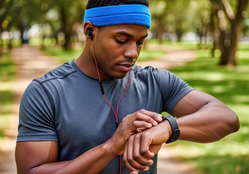 Young Black Man Checking Fitness Tracker on Smartwatch While Exercising in Park photo