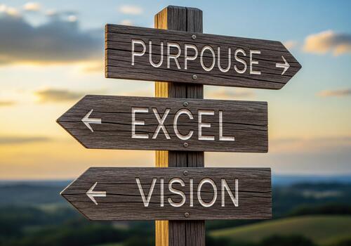 Wooden Signpost with Arrows Guiding Towards Purpose, Excel, and Vision at Sunset photo