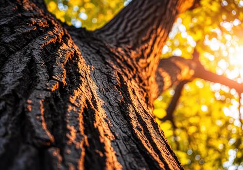 Textured Tree Trunk Bathed in Warm Golden Sunlight Through Lush Green Canopy photo