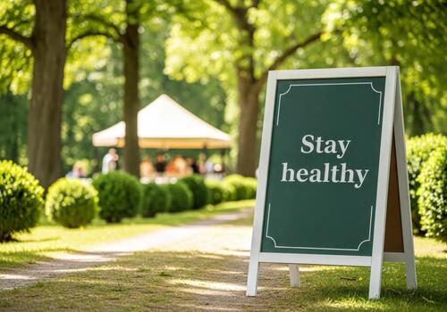 Chalkboard A-frame sign with 'Stay healthy' message on a sunny day in a green park. photo
