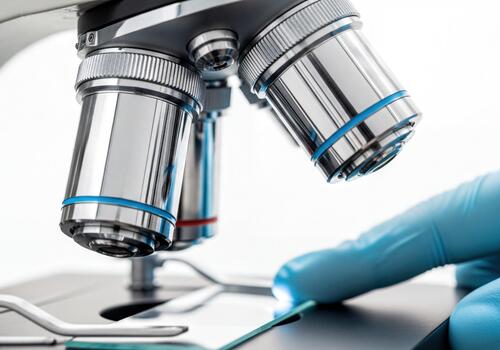 Close Up of Microscope Objective Lenses and Gloved Hand Placing Sample Slide in Laboratory photo