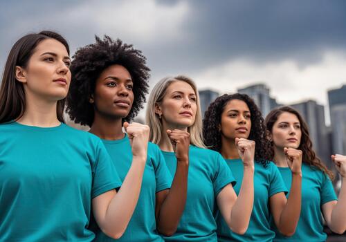 Empowered Diverse Women Standing Together, Fists Raised in Confident Unity photo