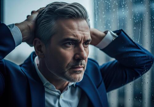 Thoughtful Businessman in Suit Looking Out Rainy Window, Expressing Concern photo