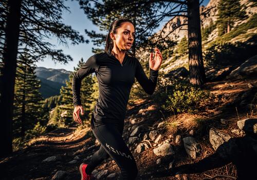 Dynamic Female Athlete Trail Running Through a Scenic Mountain Pine Forest Path photo