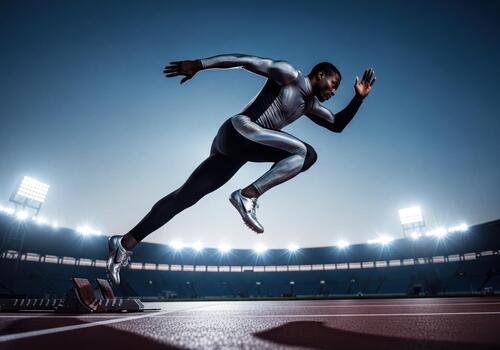 Dynamic male runner exploding from starting blocks on a stadium track under bright lights photo