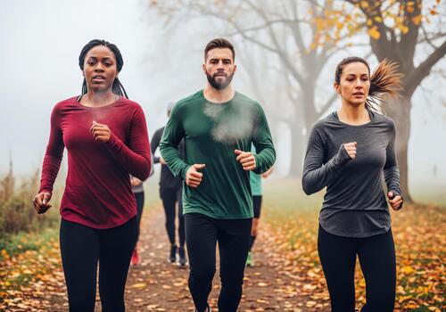 Diverse Group of Runners Exercising on a Foggy Autumn Morning Park Path photo