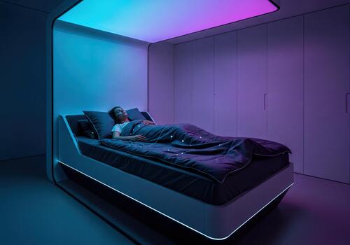 Futuristic Bedroom with Woman Sleeping in Smart Bed and Digital Sleep Metrics Monitoring photo